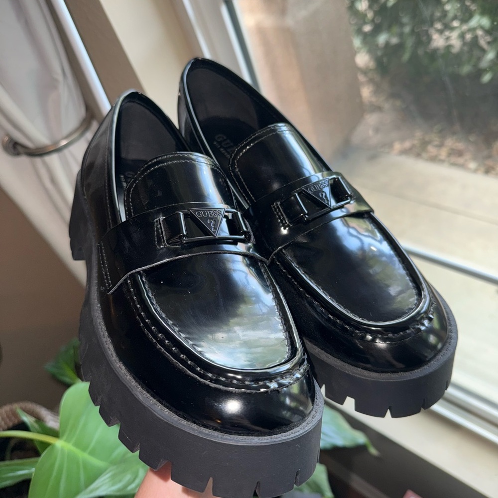 Guess polished leather black chunky loafers